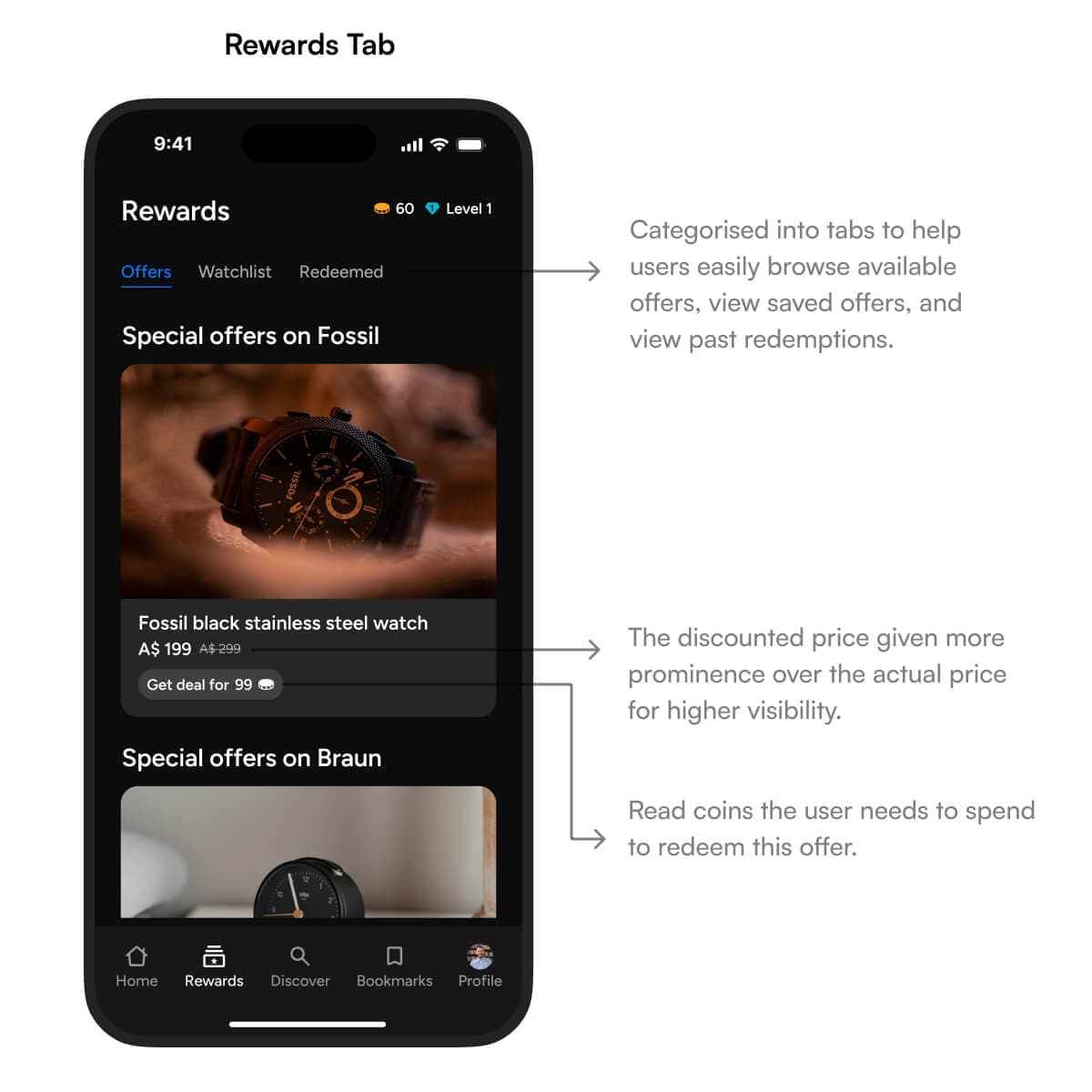 Annotated image of 'Rewards' tab in Readjoy