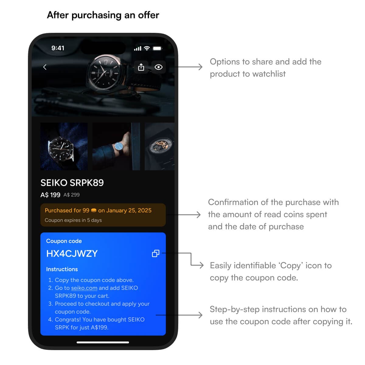 Annotated image of UI when users purchases an offer in Readjoy