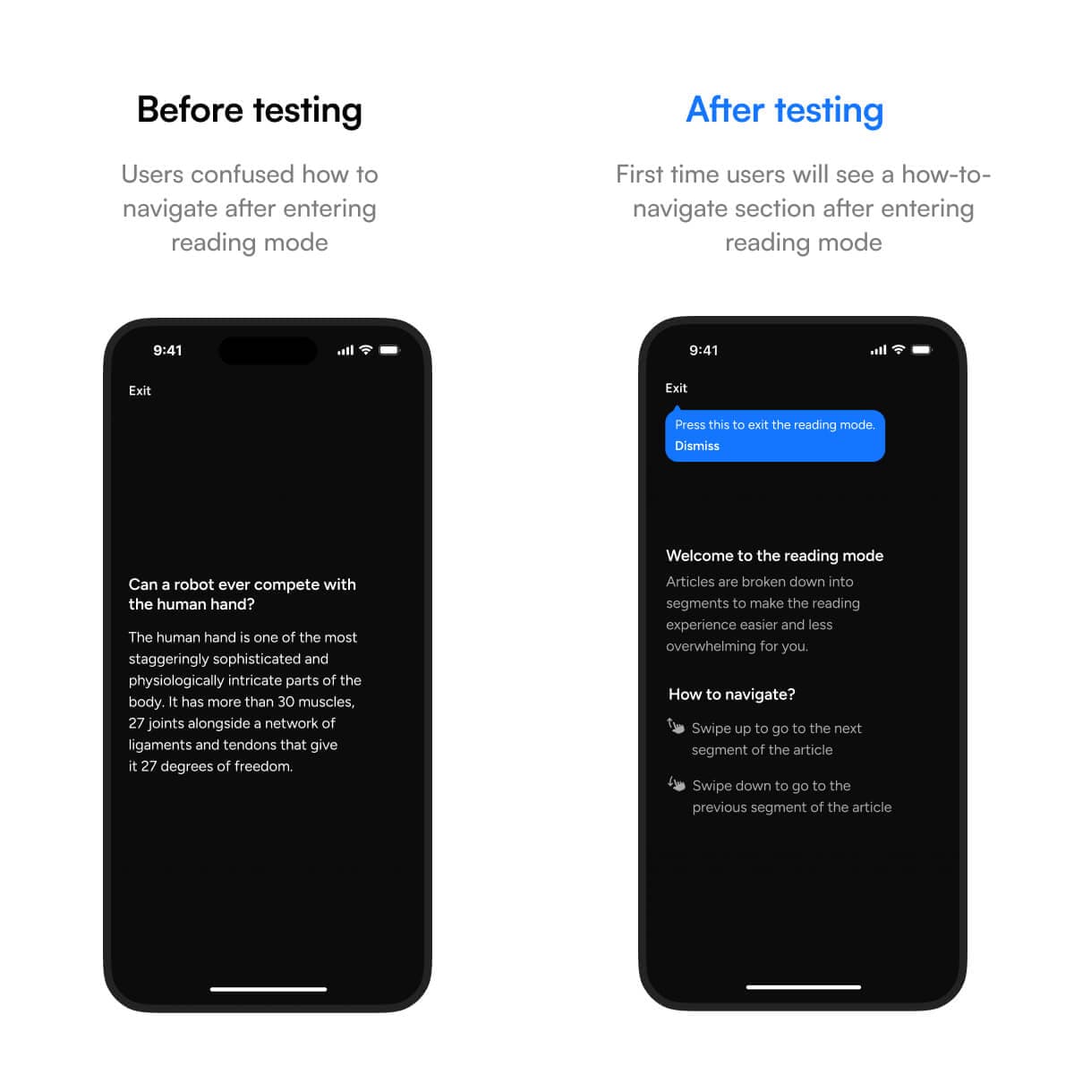 An image comparing the app UI 'Before testing' and 'After testing'