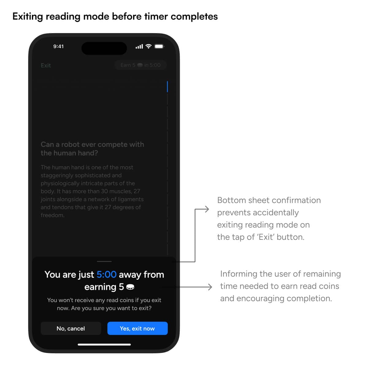 Annotated image of what happens when user exits reading mode before timer completes